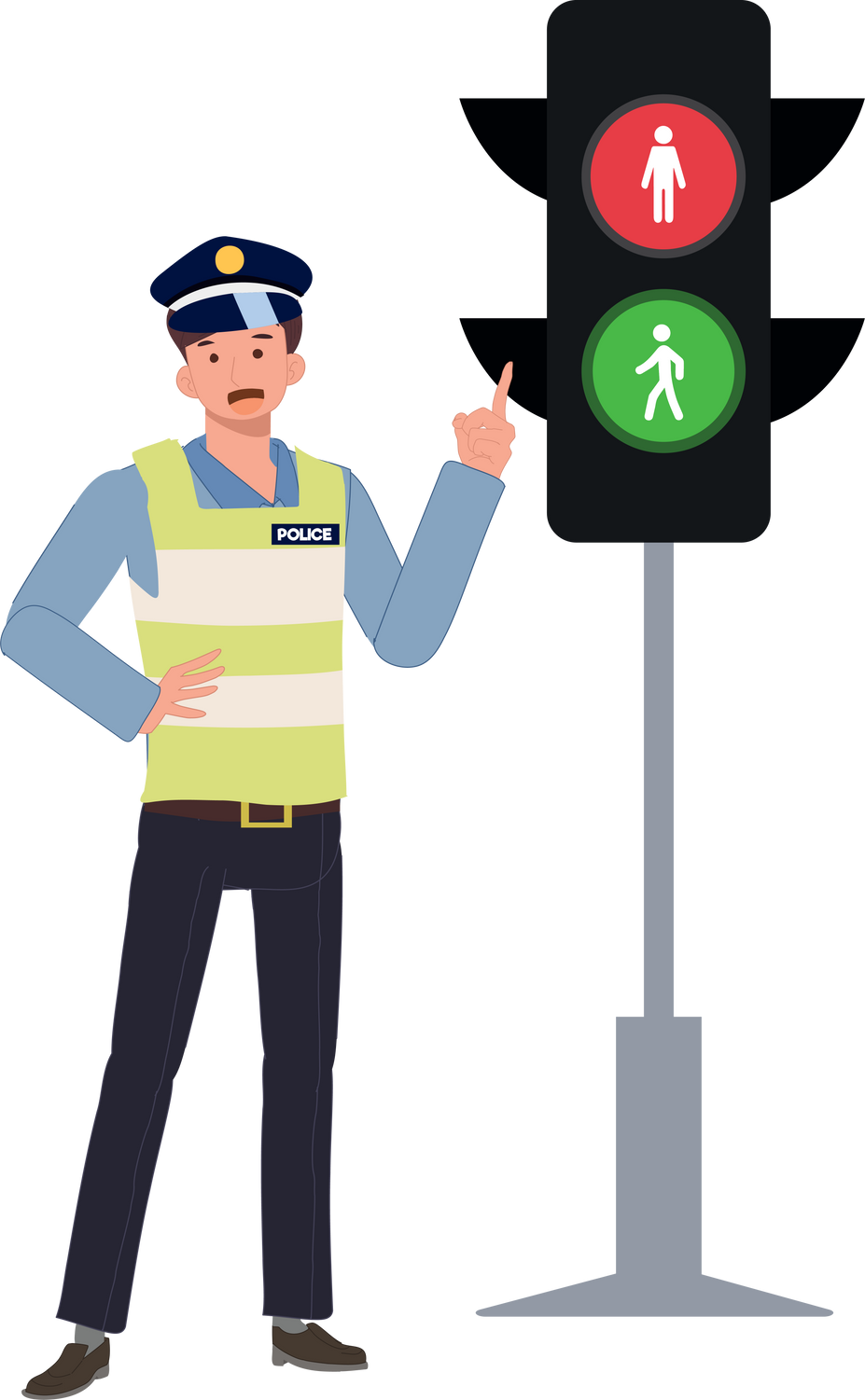 A traffic police is pointing index finger to traffic light to teaching traffic rule.